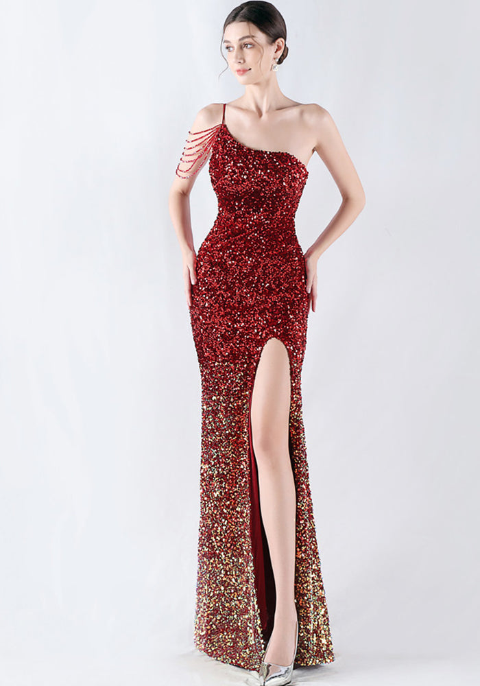 Gradient Sequins One-Shoulder Strap Evening Dress