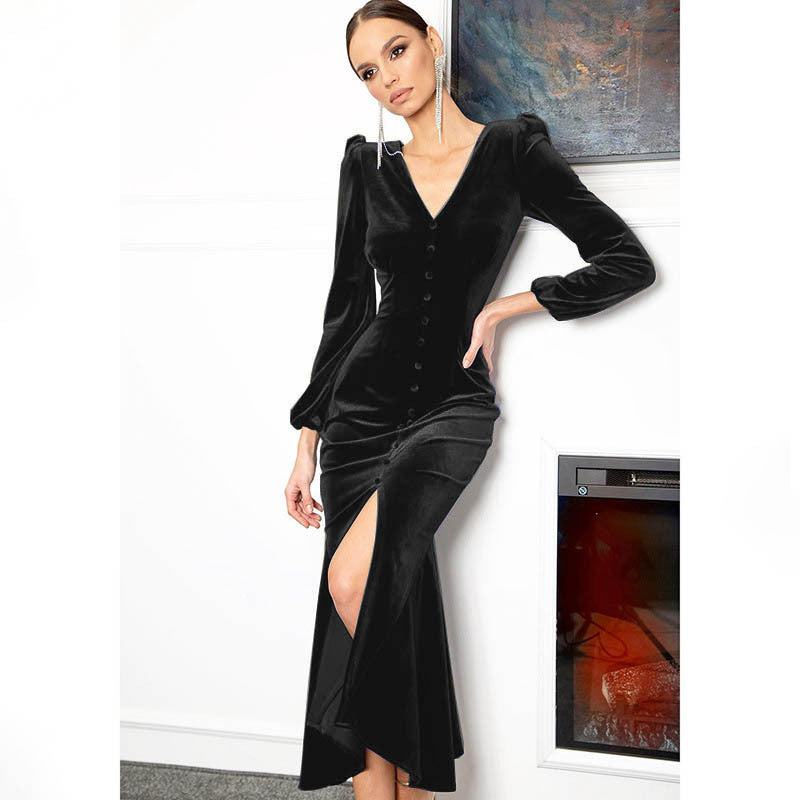 Women Autumn Knittingv Collar Solid Padded Shoulder Long Sleeve Slit Evening Dress 10
