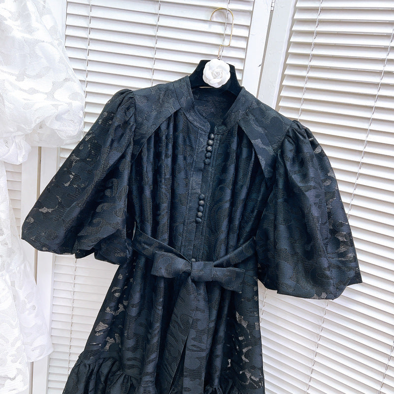 Women Round Neck Vintage Jacquard Puff Sleeve Casual Belt Dress 19