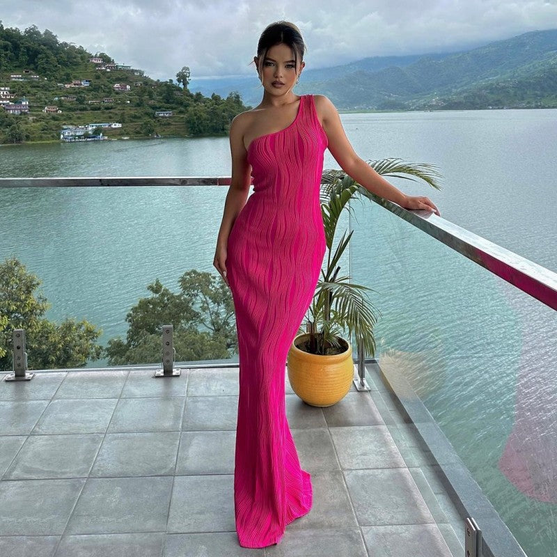 Women Summer Solid Sleeveless One Shoulder Corrugated Maxi Dress