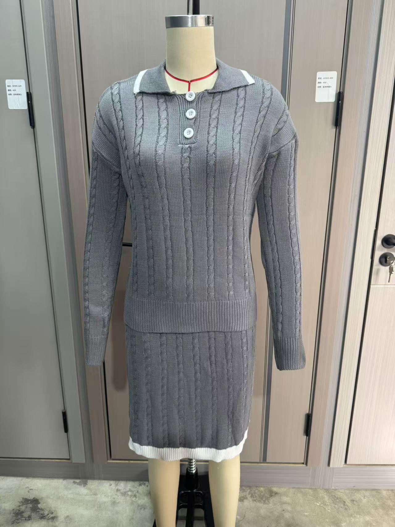 Women Knitting Long Sleeve Top and Skirt Two Piece Set 25