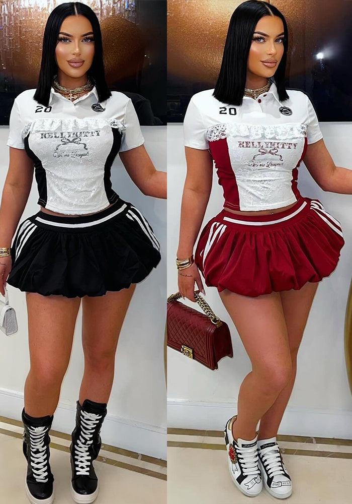 Women Lace Letter Print Button Casual Top and Skirt Two Piece Set 6