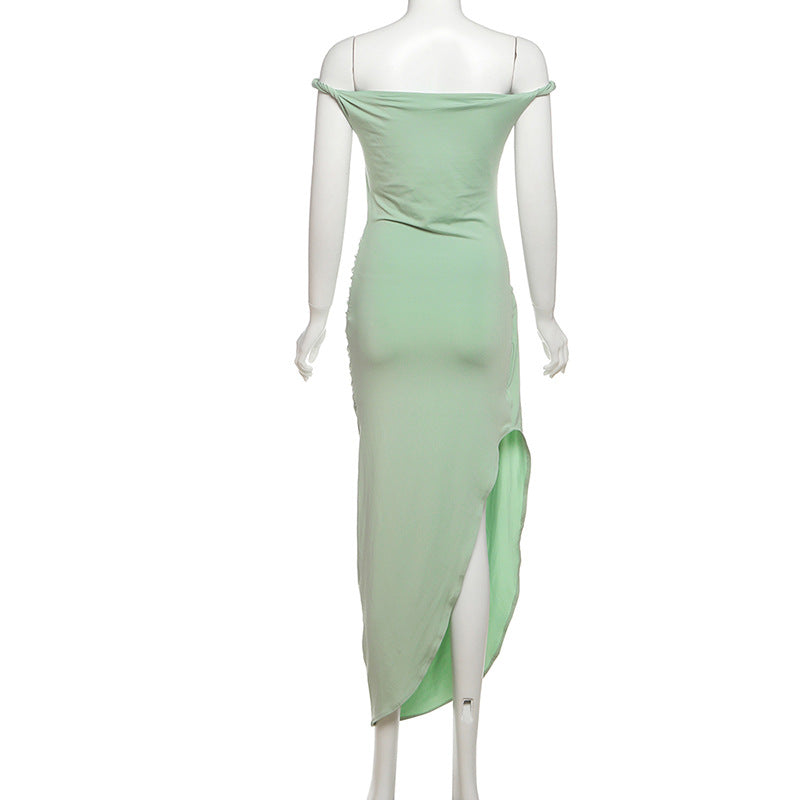 Women's Fashion Spring/Summer Sexy Off Shoulder Low Back Ruched Slim Long Dress 9