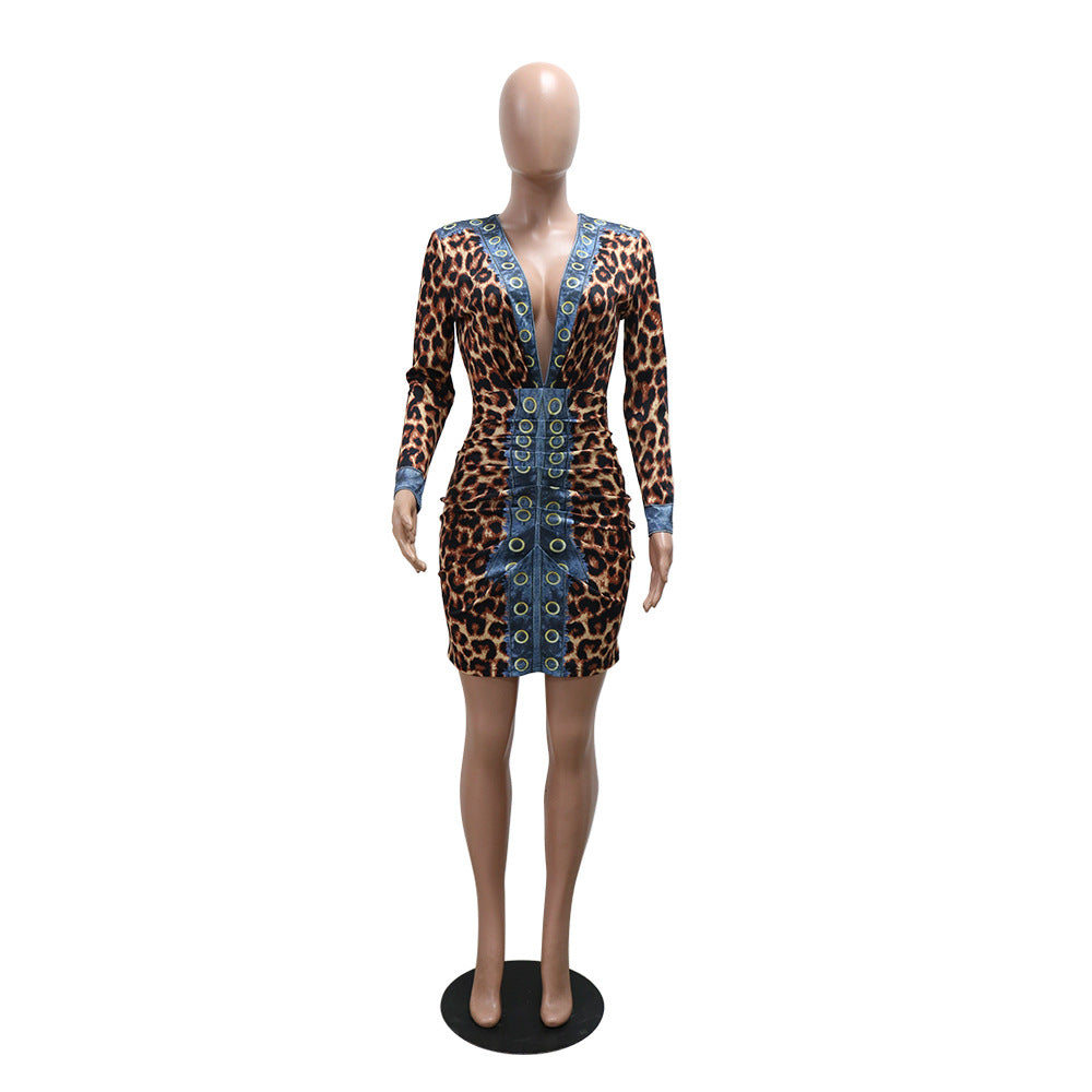 Fashion V-Neck Printed Women's Long Sleeve Bodycon Dress 5