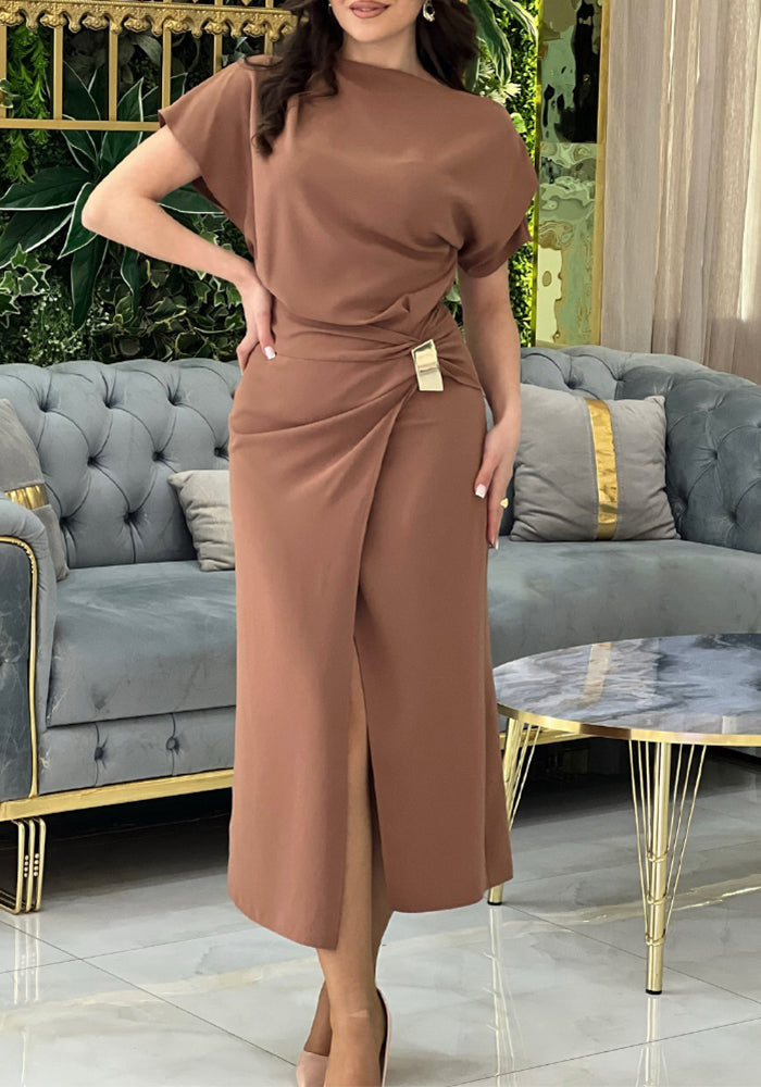 Solid Color Slash Shoulder Lace-Up Patchwork Slit Dress