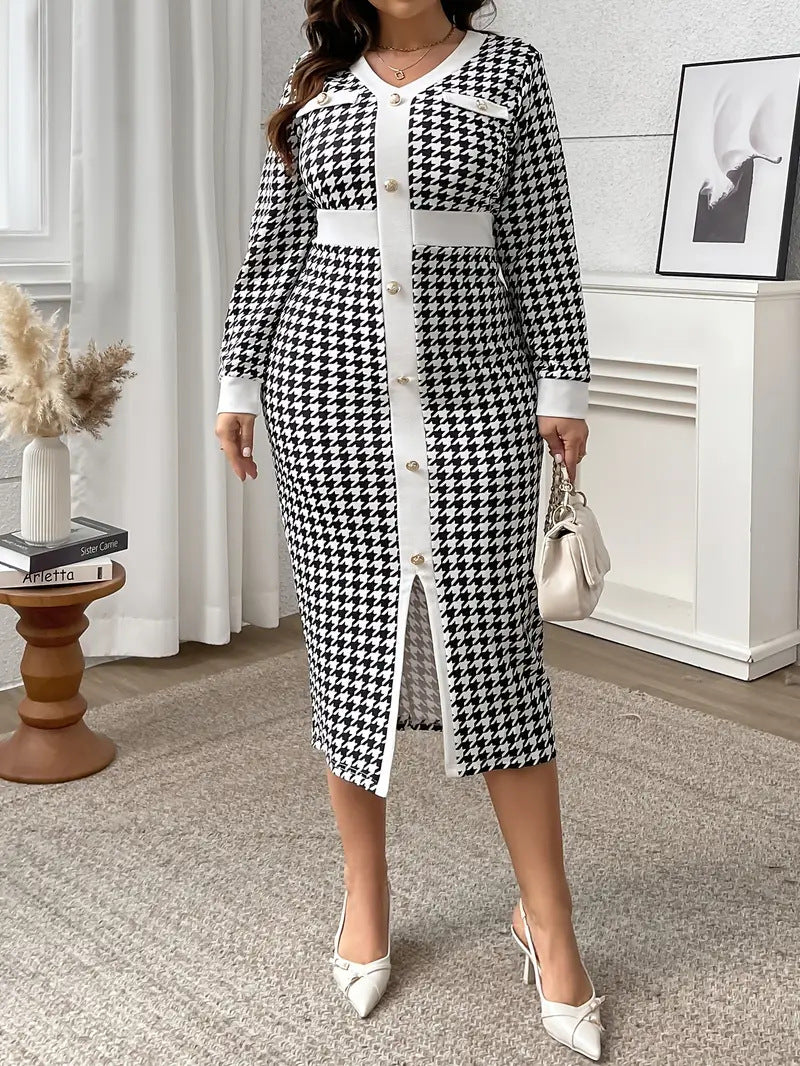 Plus Size Women Casual Long Sleeve Contrast Houndstooth Print Dress 4