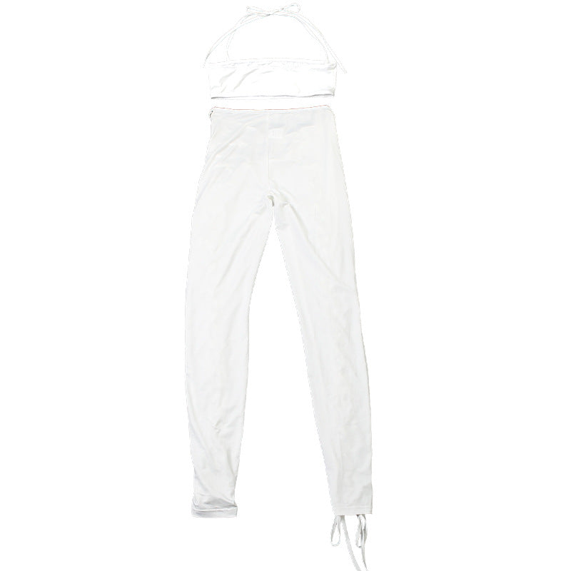 Women Fall Solid Halter Neck Lace-Up Top and Pants Two-piece Set 22