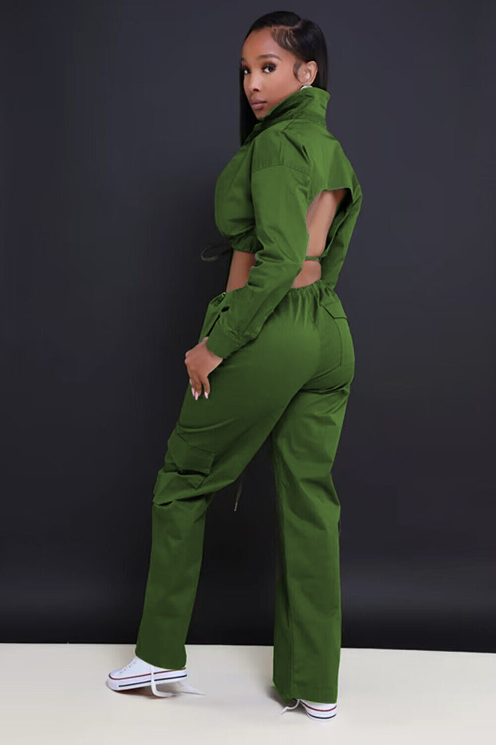 WomenCasual Backless Lace-Up Long Sleeve Top and Pocket Pants Two-Piece Set 5