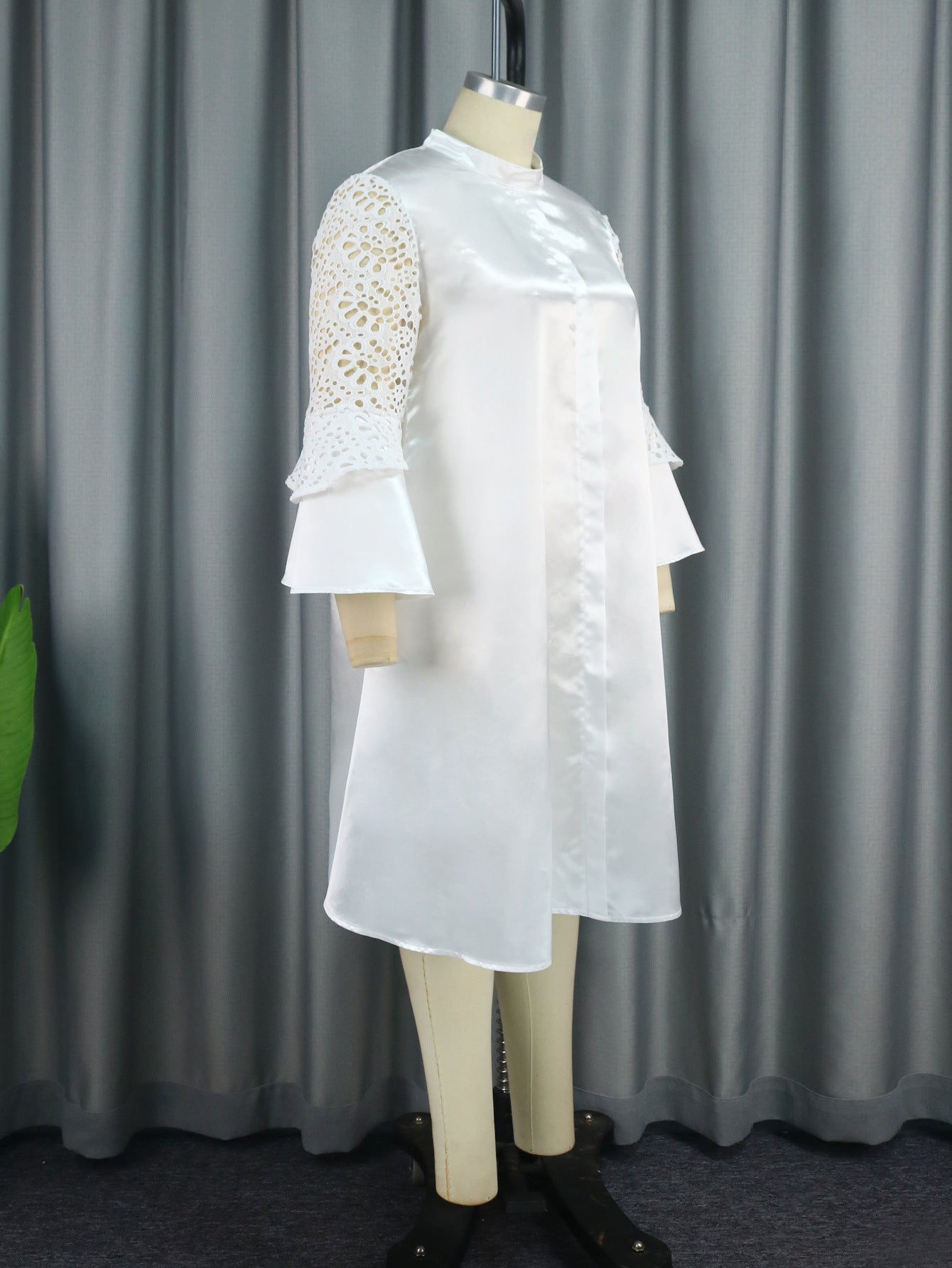 Casual Career Style Bell Bottom Sleeve Dress Plus Size Lace See-Through Patchwork Skirt Dress 9