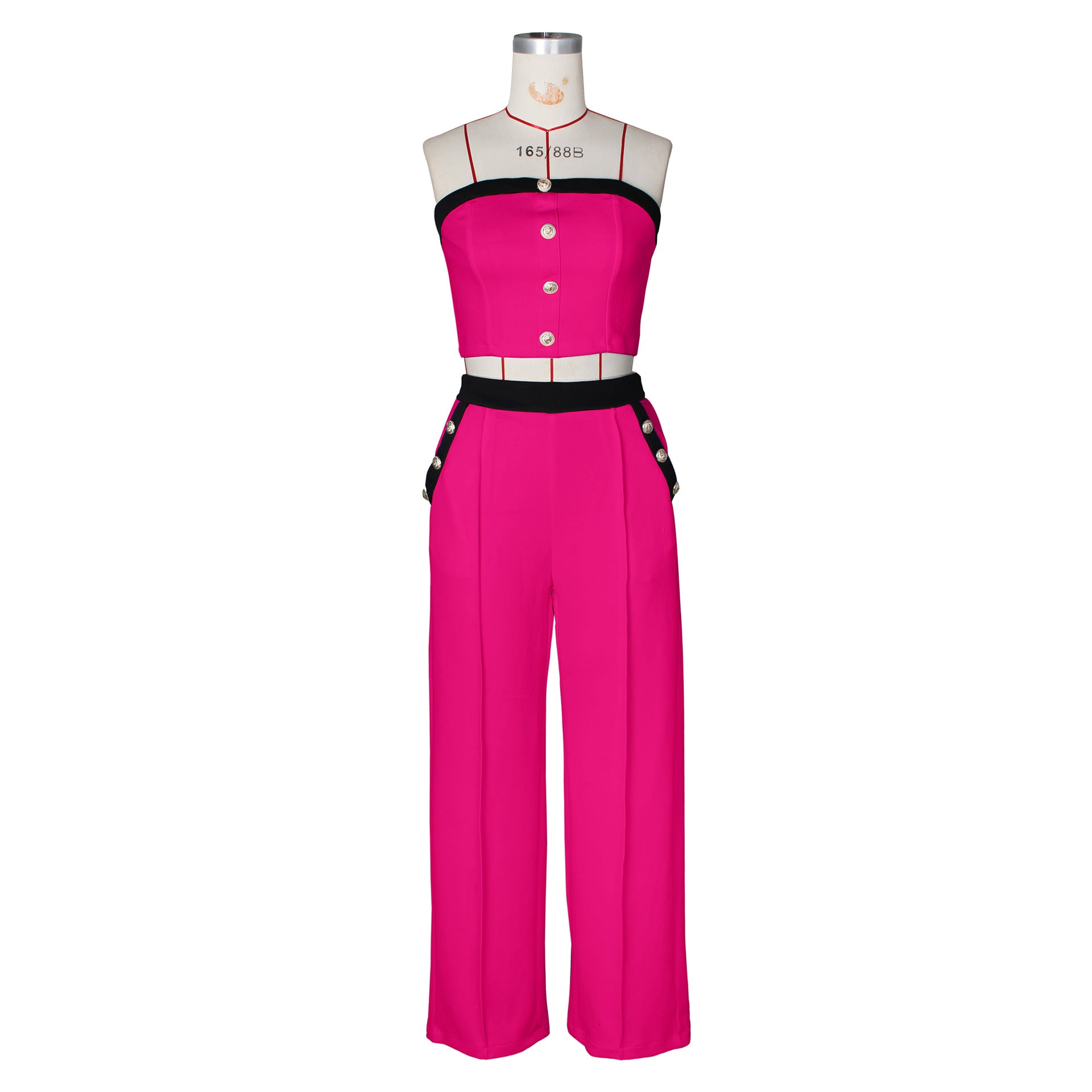 Sexy Color Blocked Decorative Button Straight High Waist Wide Leg Women's Pants Set 30