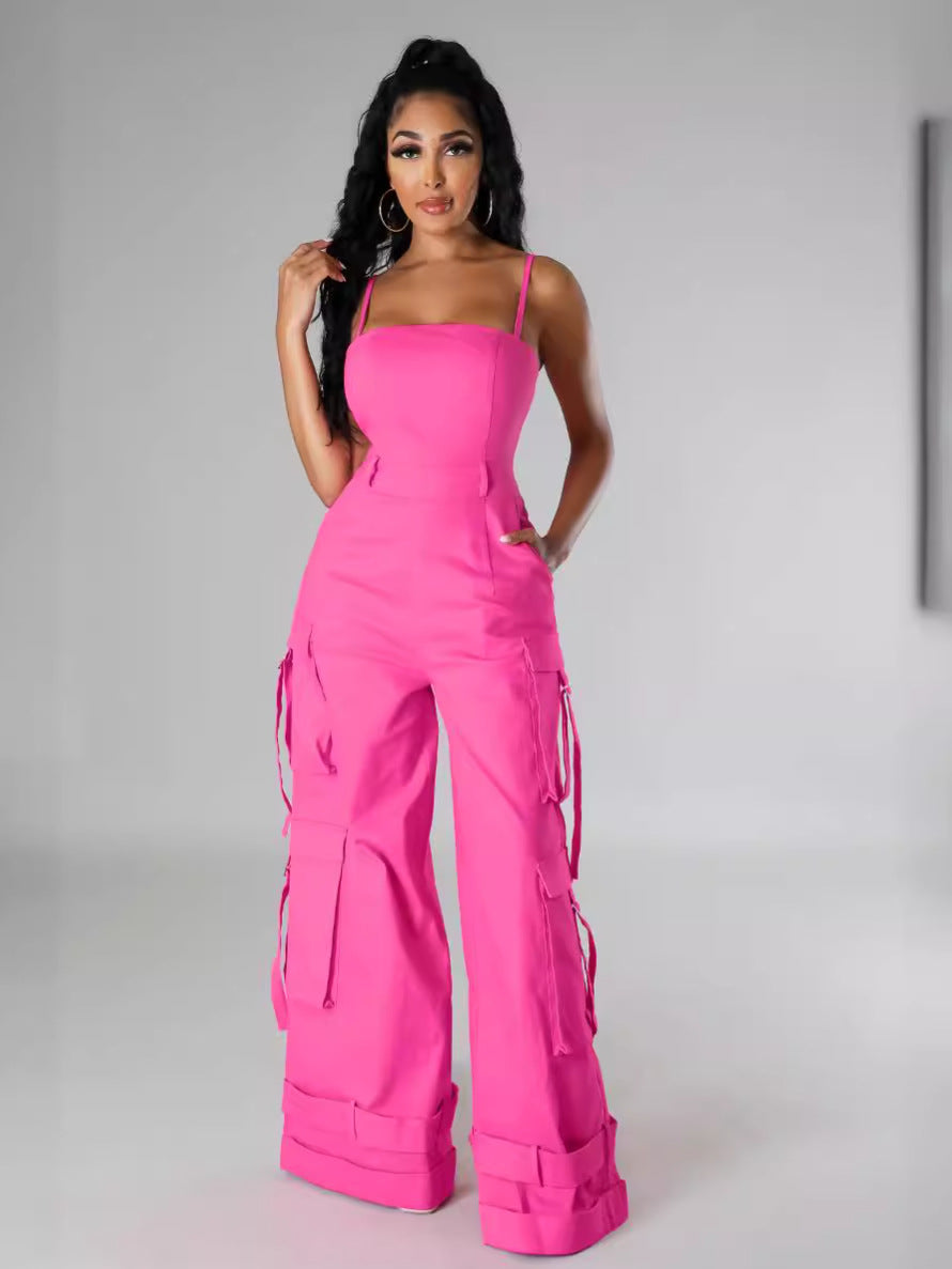 Women Sexy Strap Cargo Wide Leg Jumpsuit 11
