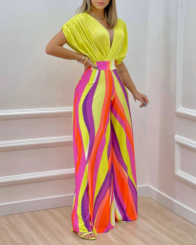 Women's Spring Summer Solid Bat Sleeves Top Print Wide Leg Pants Two-Piece Set 12