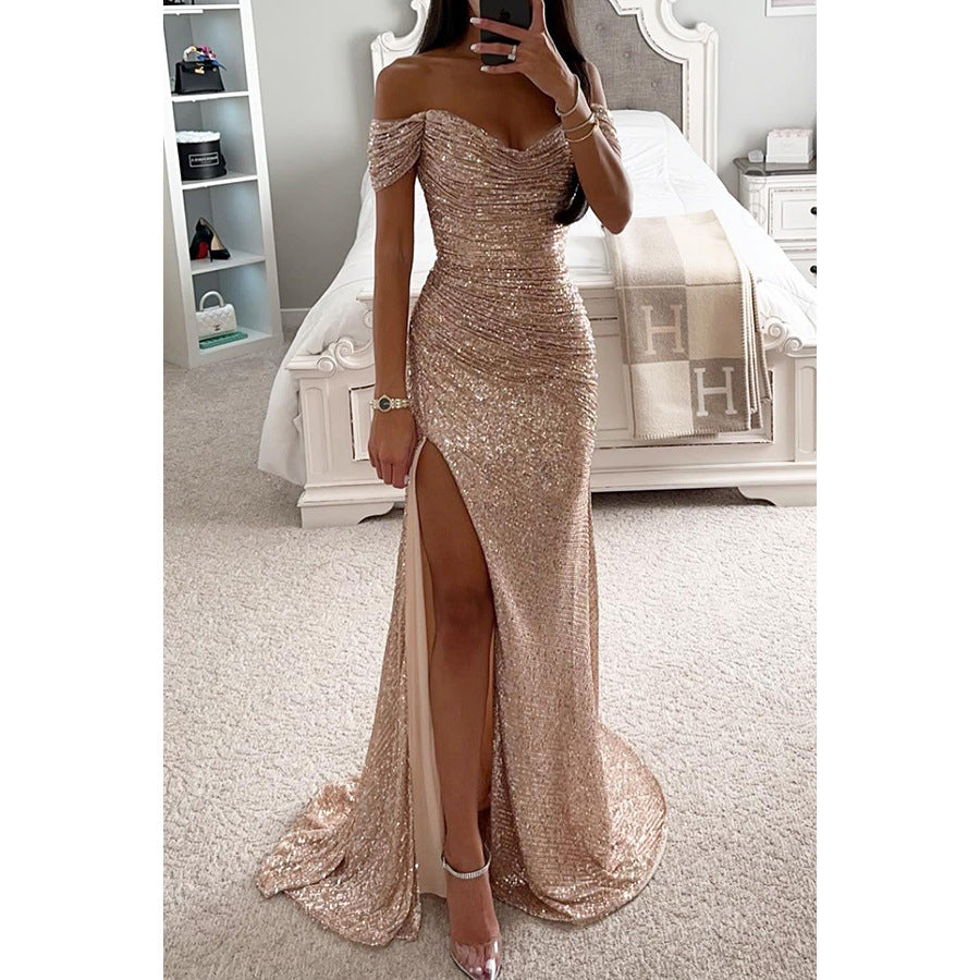 Women Sequin Off Shoulder Slit Dress 15