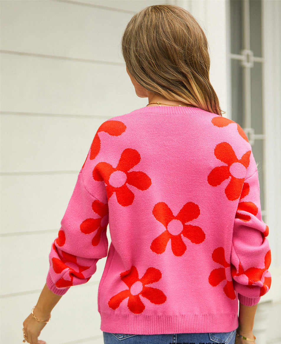 Autumn and winter women's printed sweater pullover flower plus size sweater 35