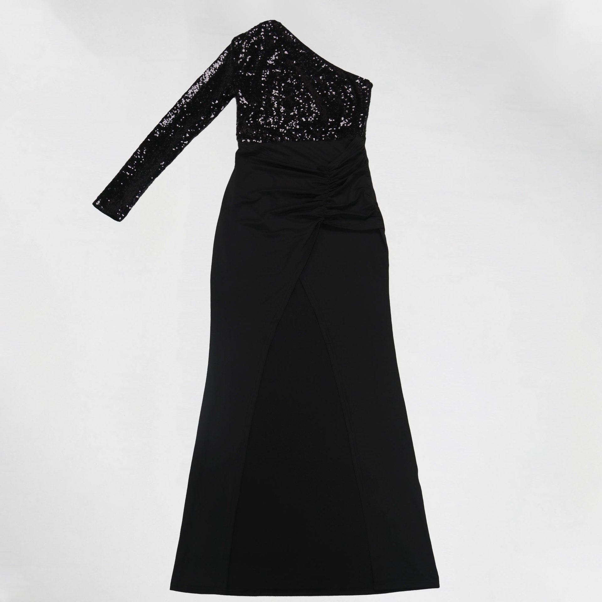 One-Shoulder Long-Sleeved Slim Waist Slit Sequin Dress 11