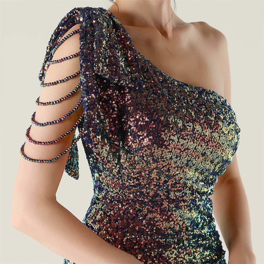 Plus Size Women clothing one-shoulder nail flower beaded evening dress 40