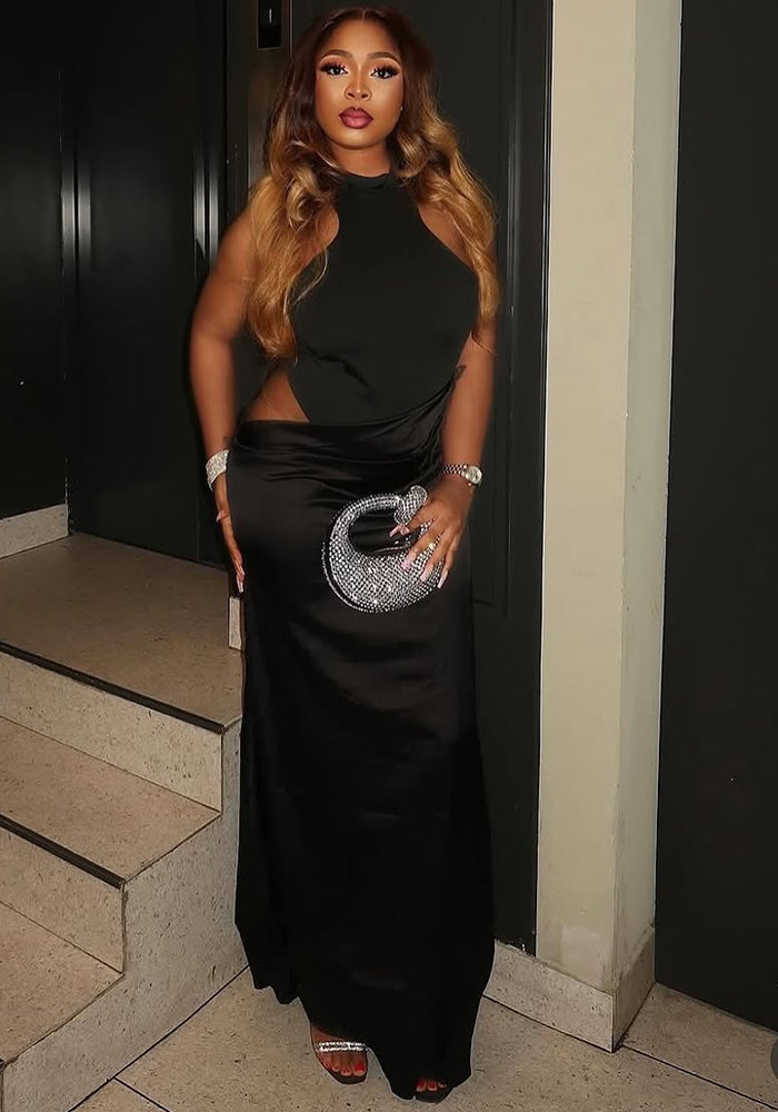 Women Summer Half-High Neck Sexy Sleeveless Patchwork Hollow Dress 3