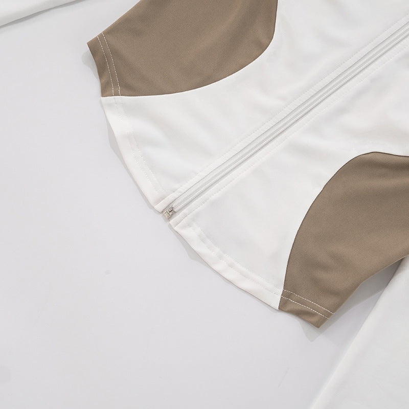 Women Stand Collar Contrast Patchwork Long Sleeve Finger Zipper Top Knot Shorts Two-Piece Set 25