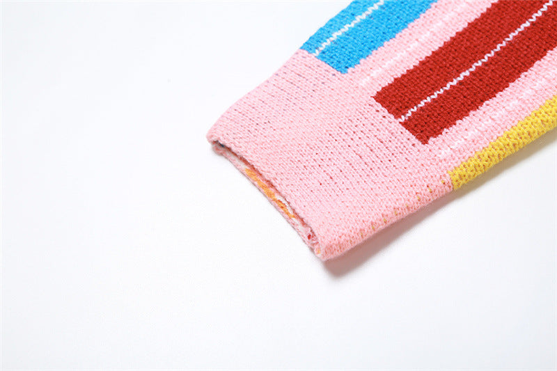 Autumn Women's Fashion Contrast Color Knitting Striped Long Sleeve Cardigan Loose Casual Top 13