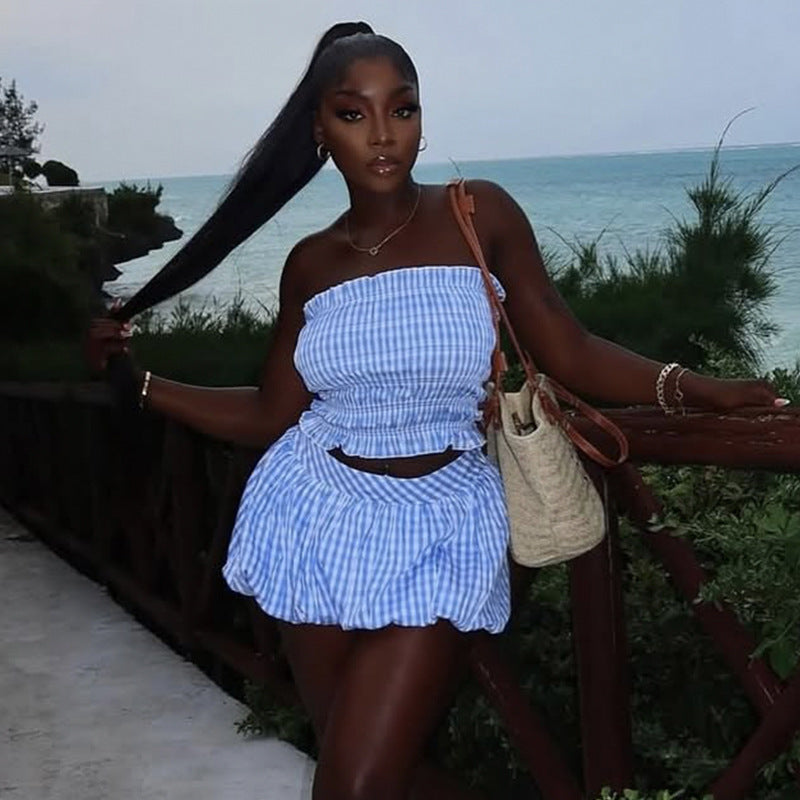 Fall Striped Strapless Puff Sleeve Top & Flared Skirt Set