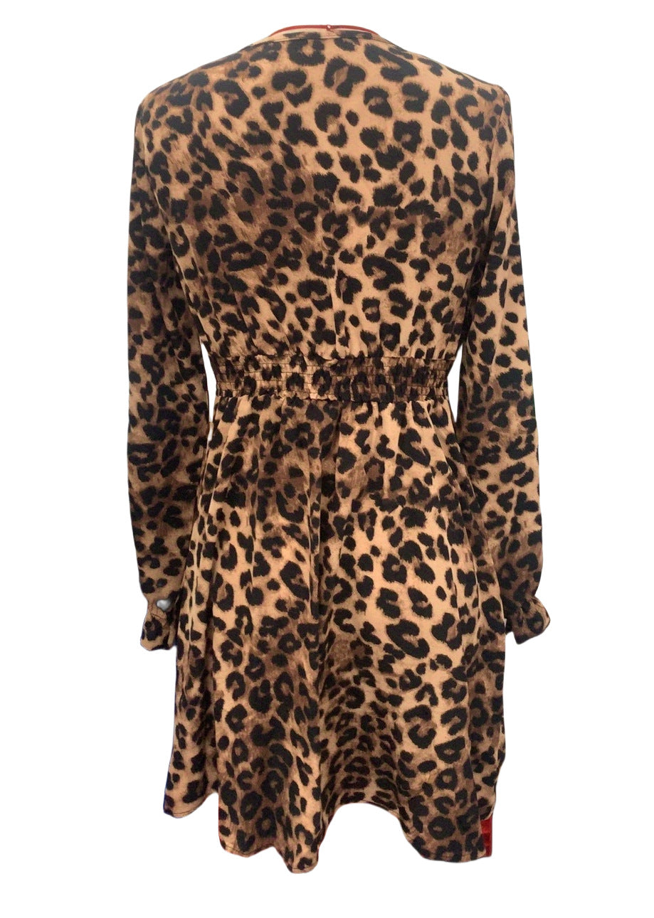 Women French V-Neck Leopard Print Long Sleeve Lace Long Sleeve Dress 8