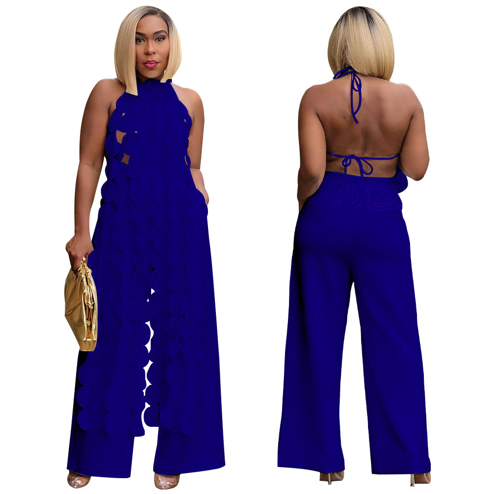 Women's Sexy Low Back Lace Up Long Top Wide Leg Pants Fashion Two Piece Suit 3