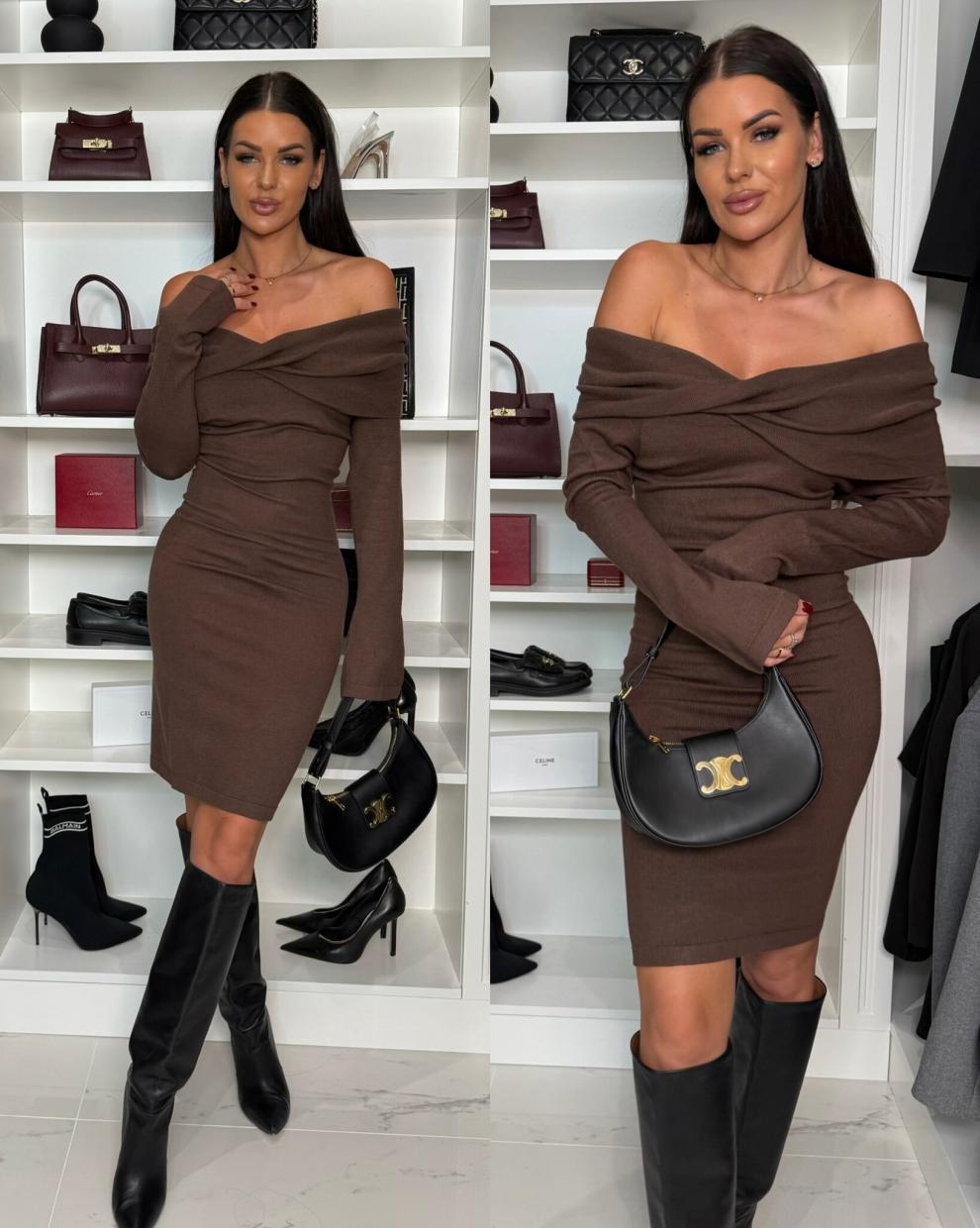 Women Solid Off Shoulder Long Sleeve Dress 4