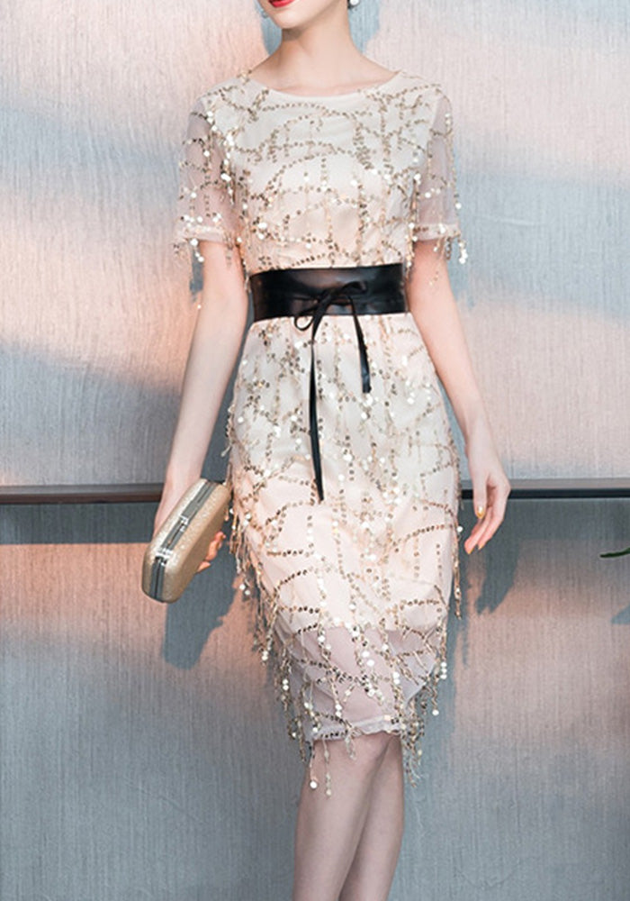 Tassel sequin lining high Elastic Satin with belt Maxi Slim Fit Chic dress party dress