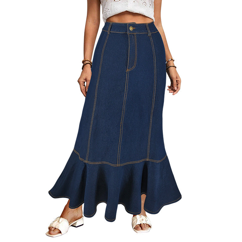 Women Button Elegant Fishtail Denim Skirt 7