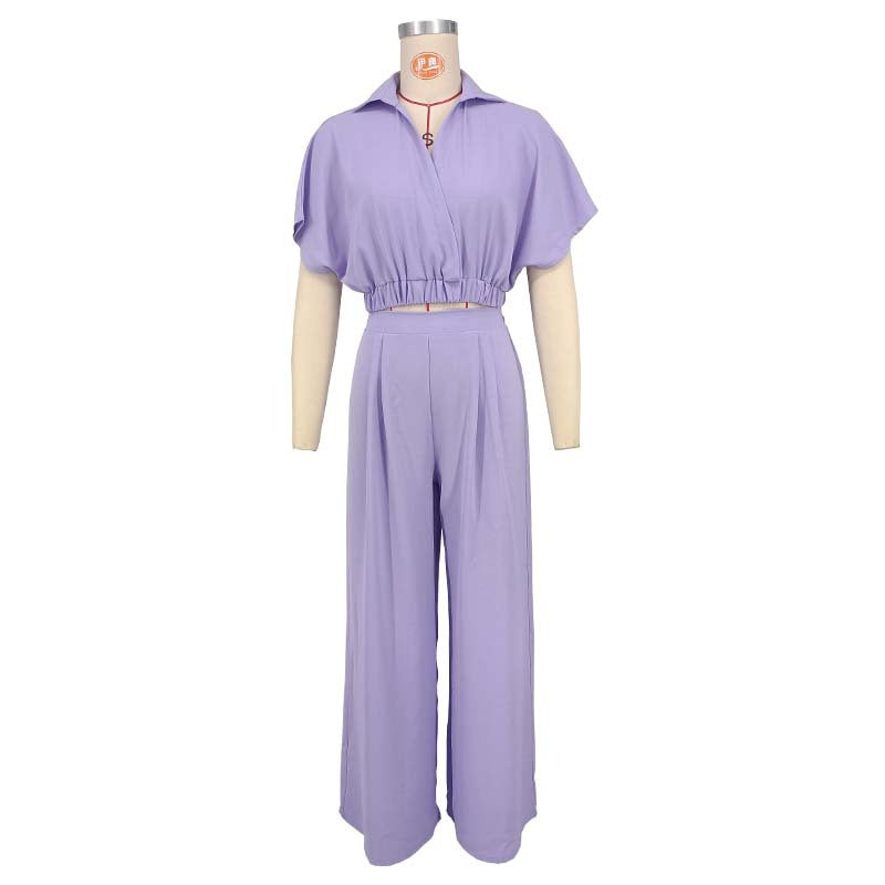 Women african solid turndown collar v neck top wide leg pants two piece set 11