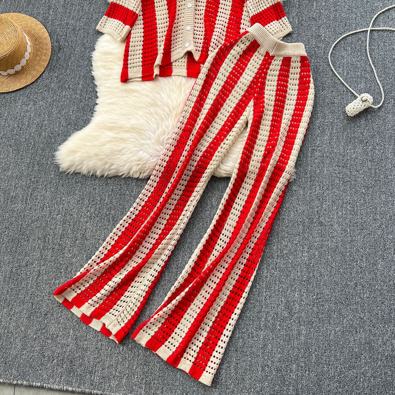 Women's Summer V-Neck Loose Knit Cardigan Top + Wide-Leg Pants Set Color-Block Striped Hollow-Out Outfit 29