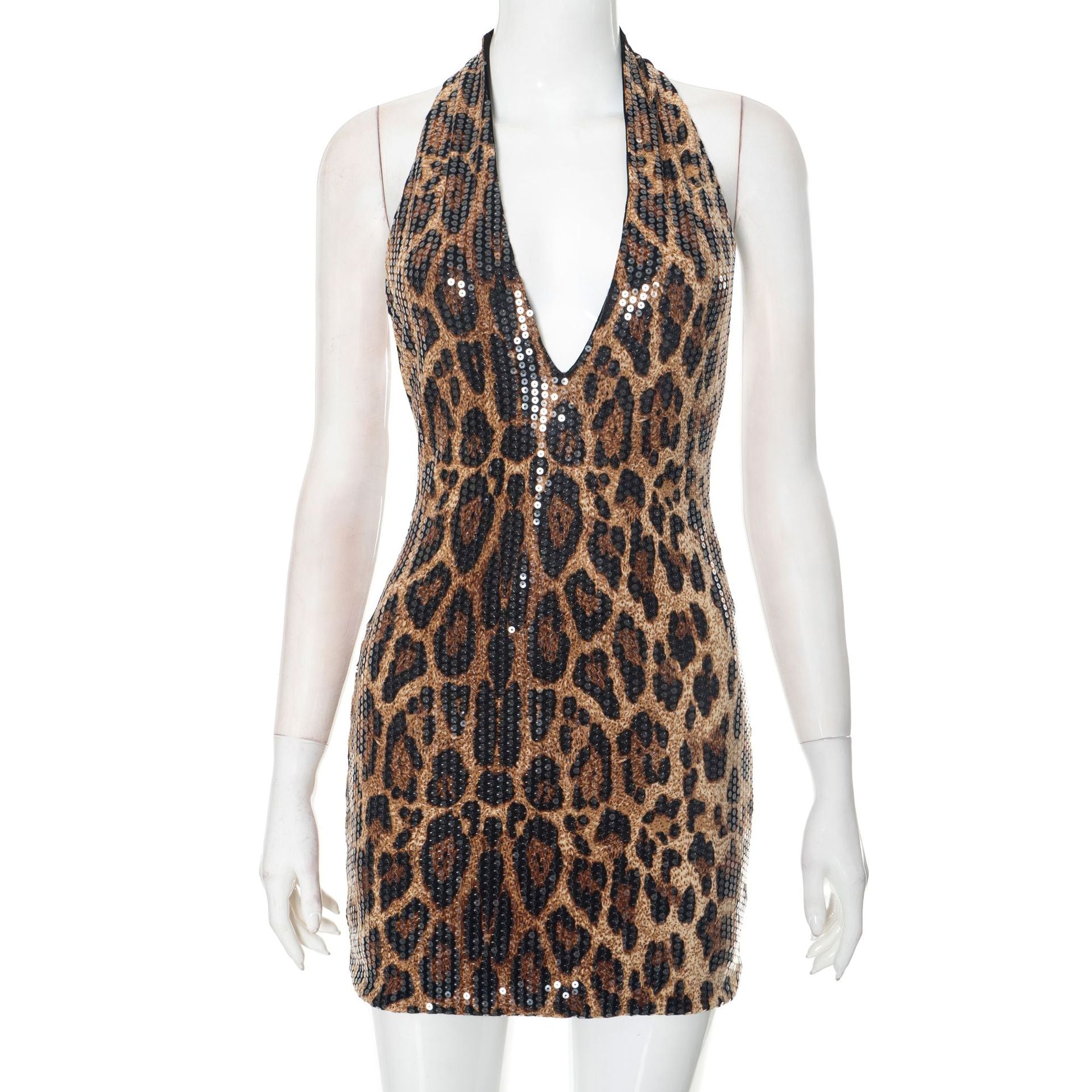 Women Spring Summer Sexy V Neck Leopard Print Backless Dress 11