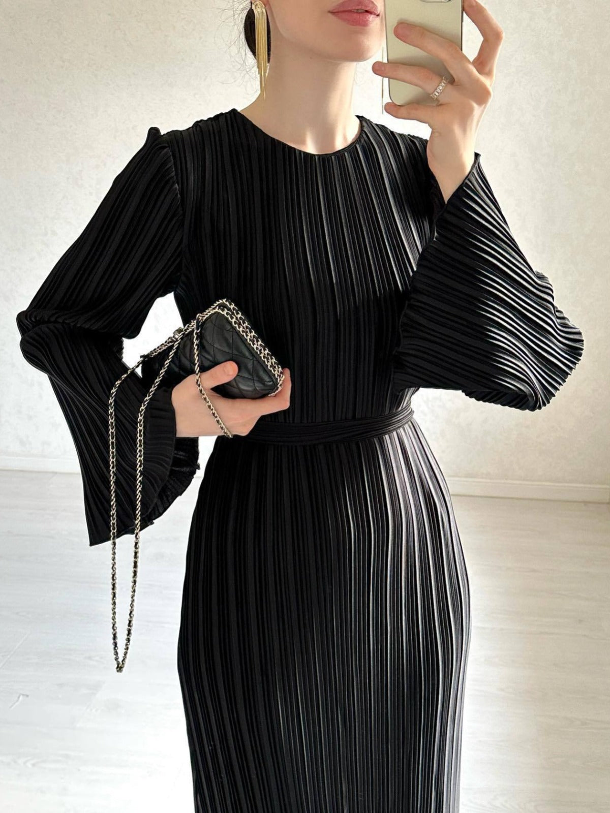 Women's Fall Maxi Dress Chic Pleated Bell Bottom Sleeve Midi Dress 9