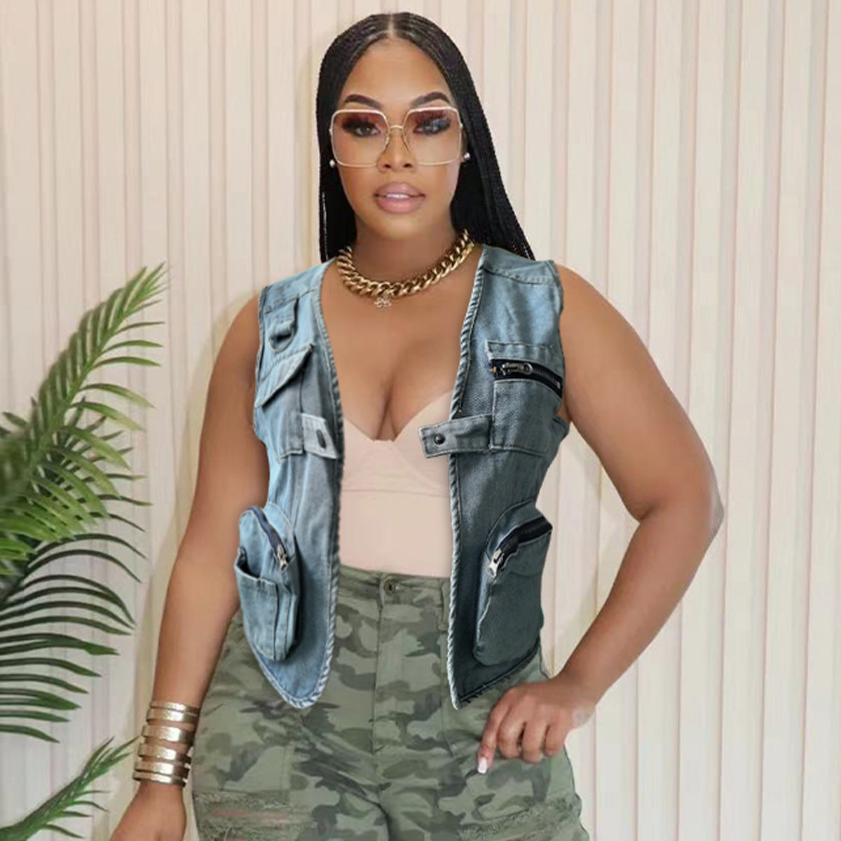 Pocket Buttons Washed Denim Women's Top