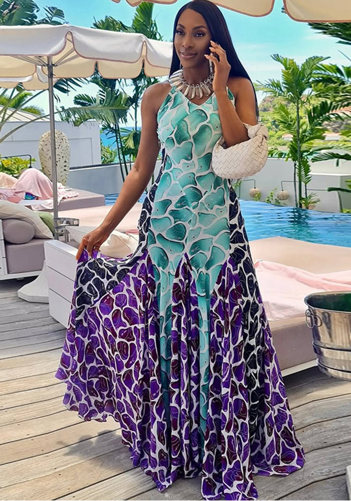 Fashion Printed Women's Patchwork Slim Waist A-Line Casual Chic V-Neck Maxi Dress