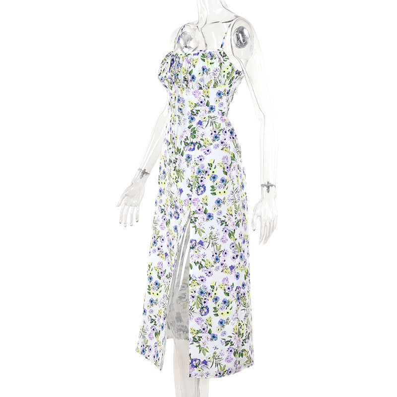 Women summer French printed slit Strap Dress 8