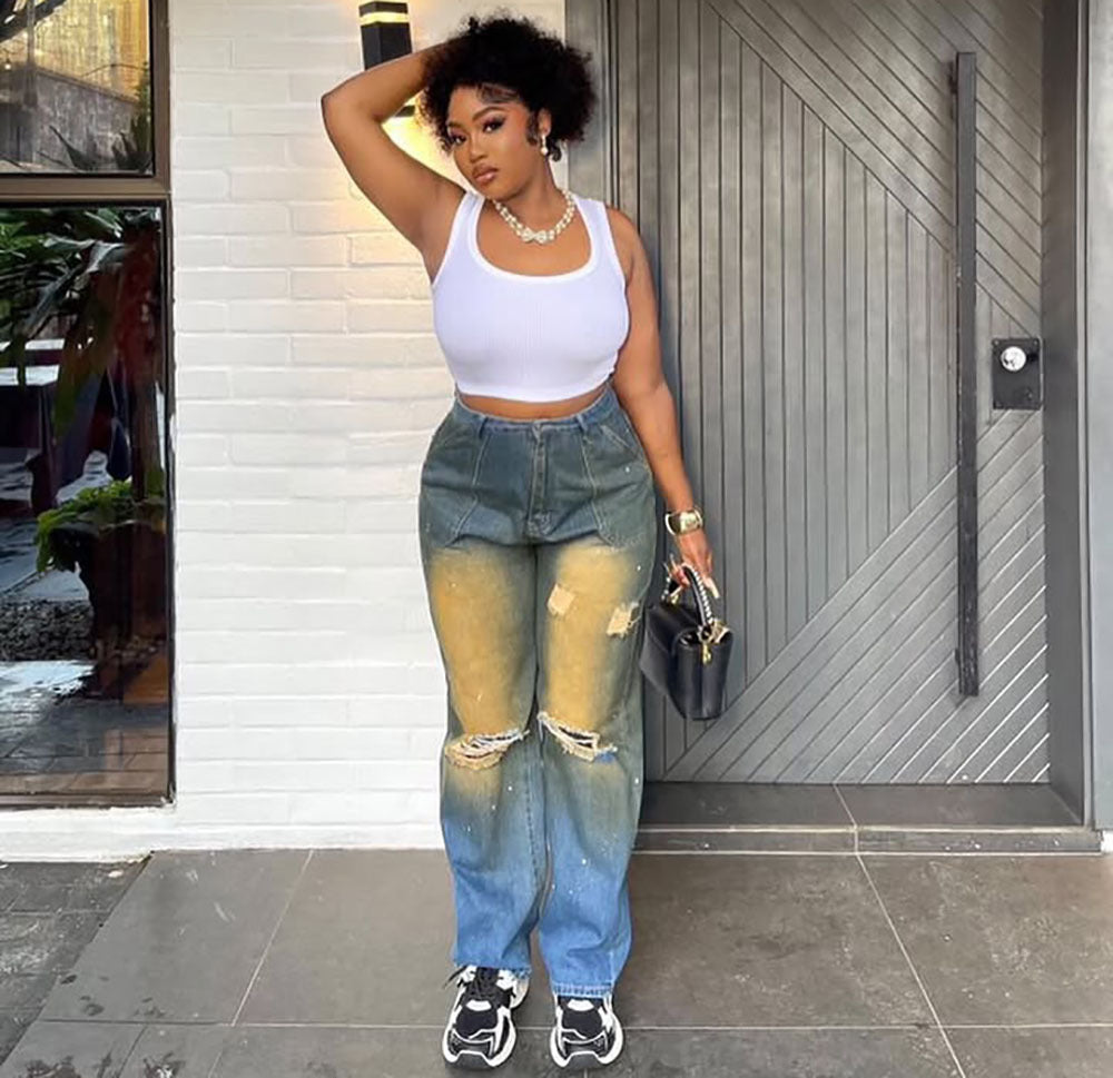 Women's Street Wear Ripped Washed And Distressed Straight Denim Pants 5