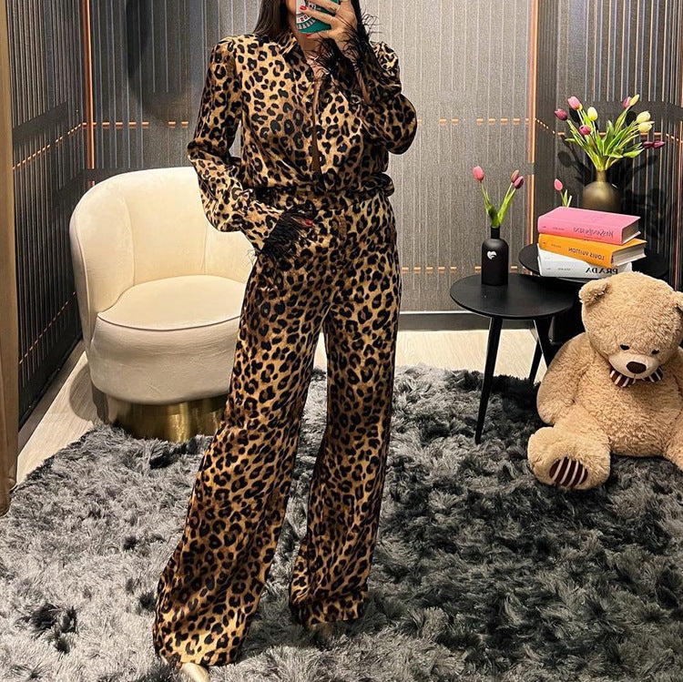 Women Leopard Print Patchwork Feather Long Sleeve Shirt Wide Leg Pants Two-Piece Set 3