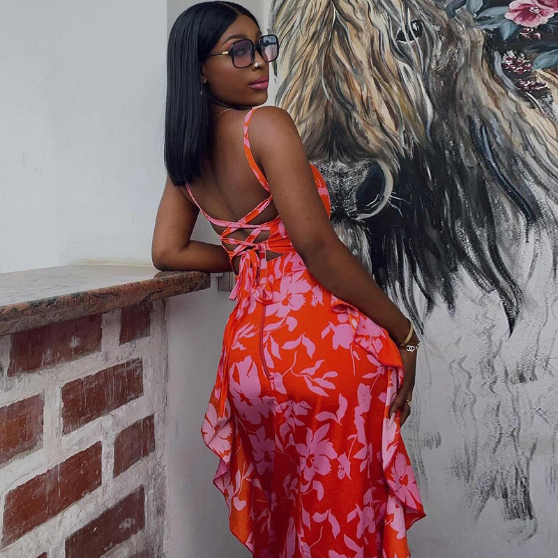 Women Sexy Printed Suspender Backless Strappy Top and Skirt Two-piece Set 7