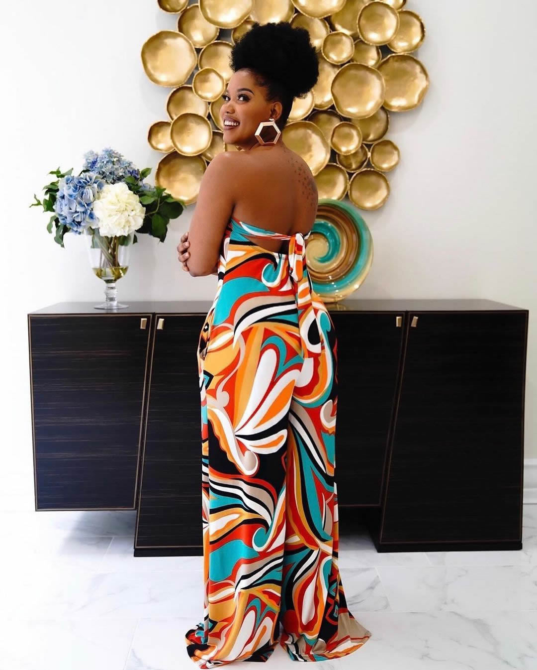 Women Summer Print Loose Pocket Off Shoulder Jumpsuit 4