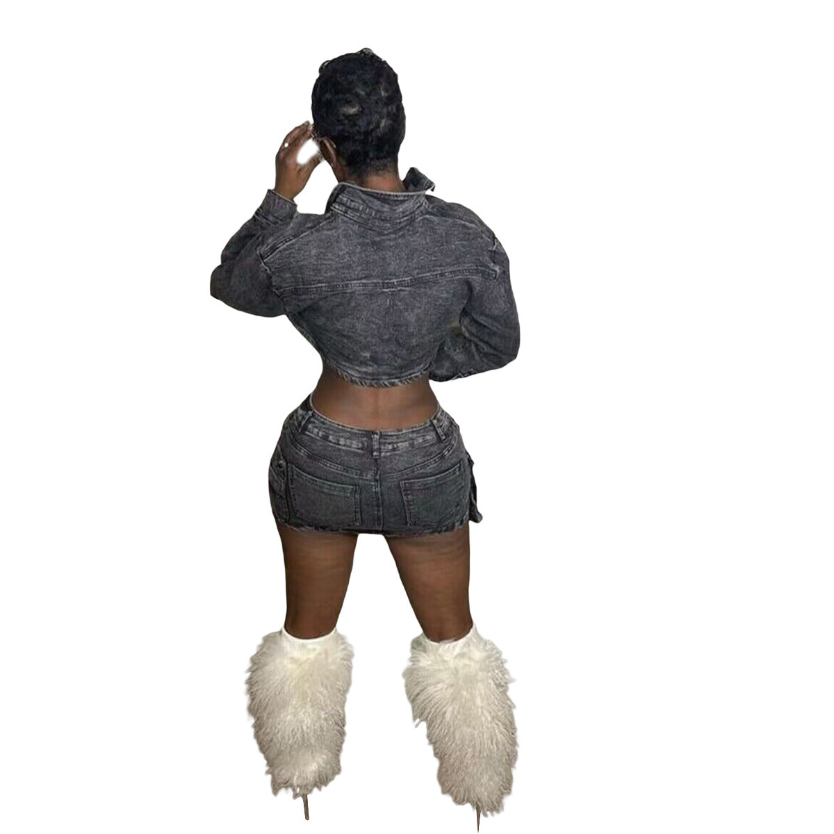 WomenStretch Sexy Denim Long Sleeve Top and Casual Pocket Dress Two Piece Set 5