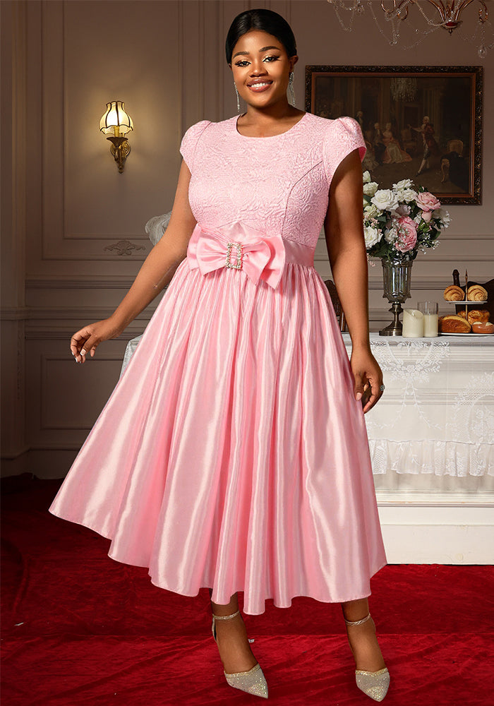 Plus-Size Women Elegant Rose Jacquard Patchwork Bow Short-Sleeved Party Dress