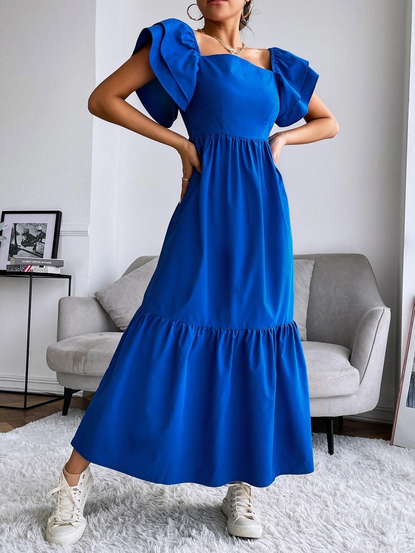 Women Ruffled Off Shoulder Flying Sleeve Solid Dress 4