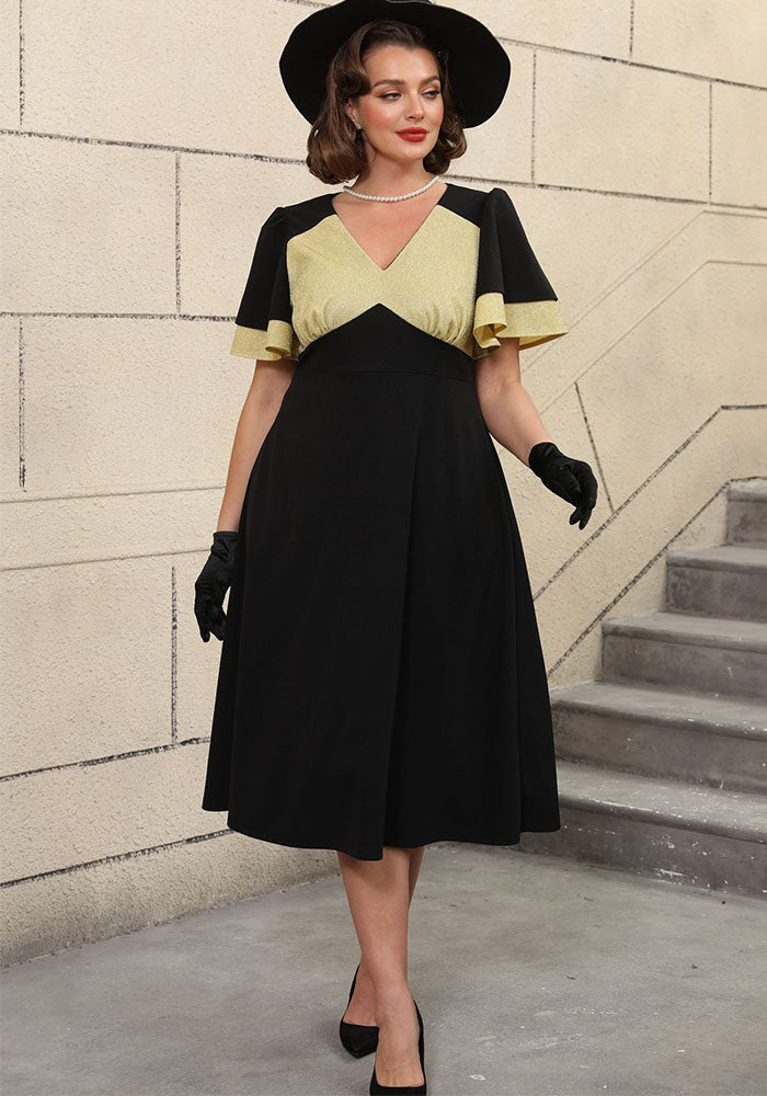 Plus Size Contrast Color Patchwork Ruffle-Sleeve A-Line Black Dress