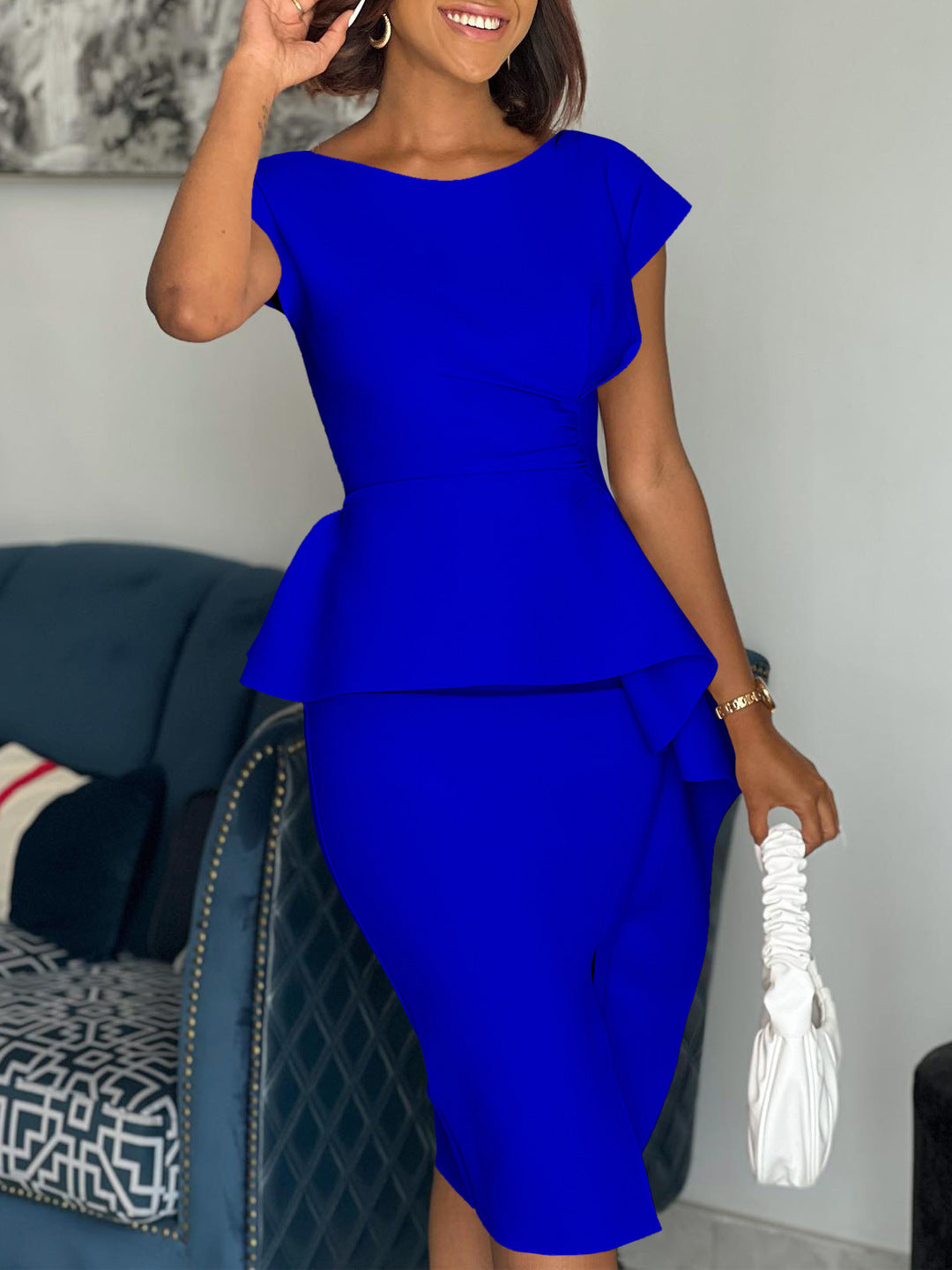 Plus Size Women Round Neck Solid Short Sleeve Slit Dress 5