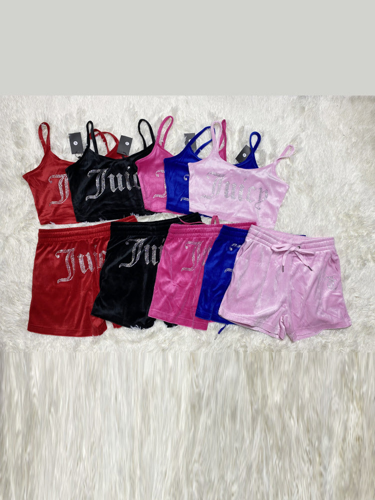 Women Hot diamond suspender Top and shorts Two Piece Set 6