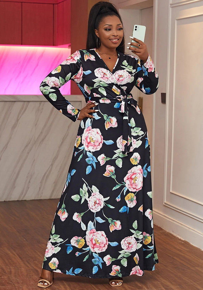 Spring And Summer Plus Size Floral Printed Long Sleeve Wrap Women's Maxi Dress