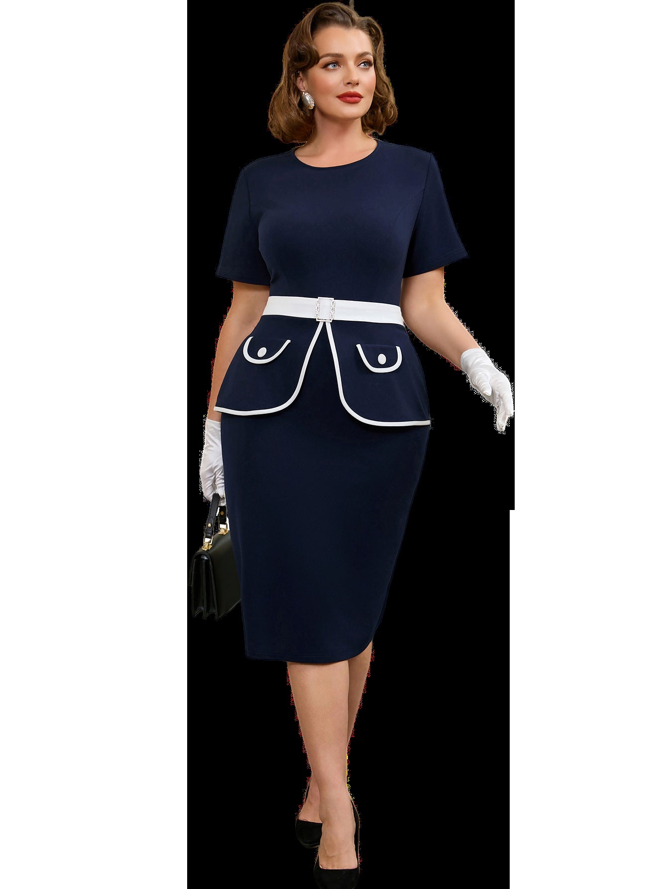 Women Round Neck Bodycon Waist Button Ruffle Dress 11