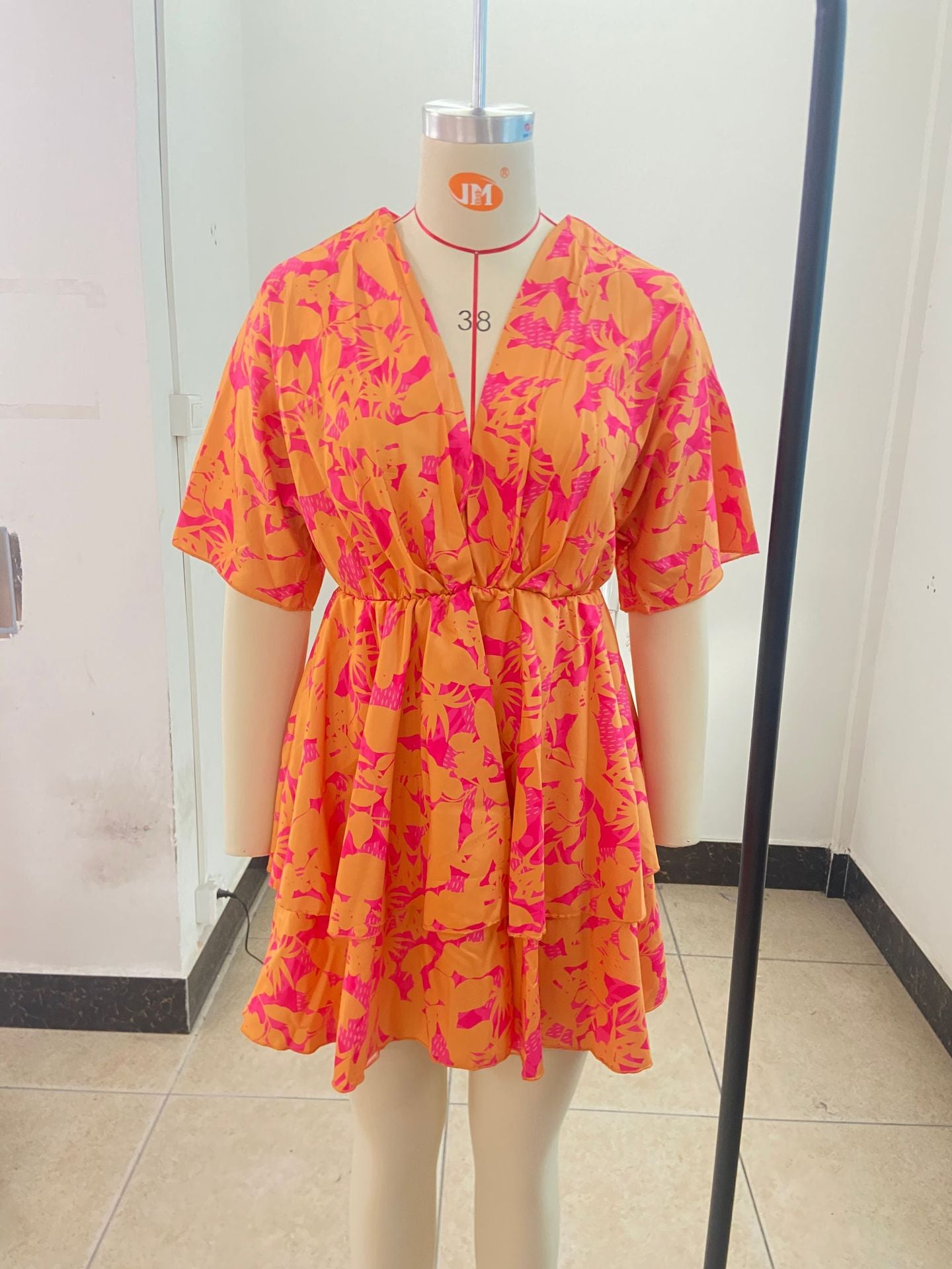 Autumn V-Neck Loose Bat Sleeves Print Dress Women's Clothing 24