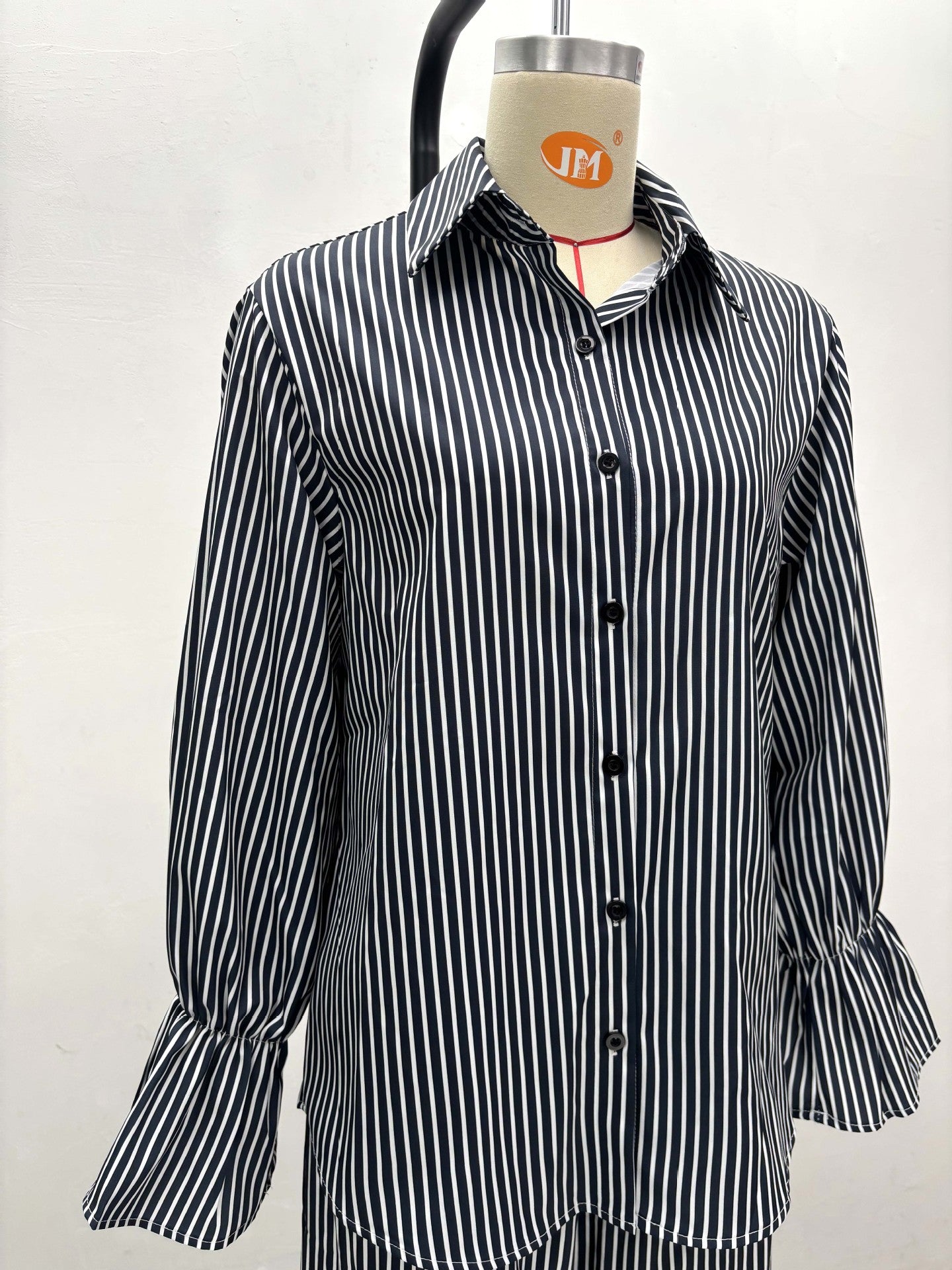 Women's Fashion Striped Button Bell Sleeve Shirt Wide Leg Pants African Casual Set 10